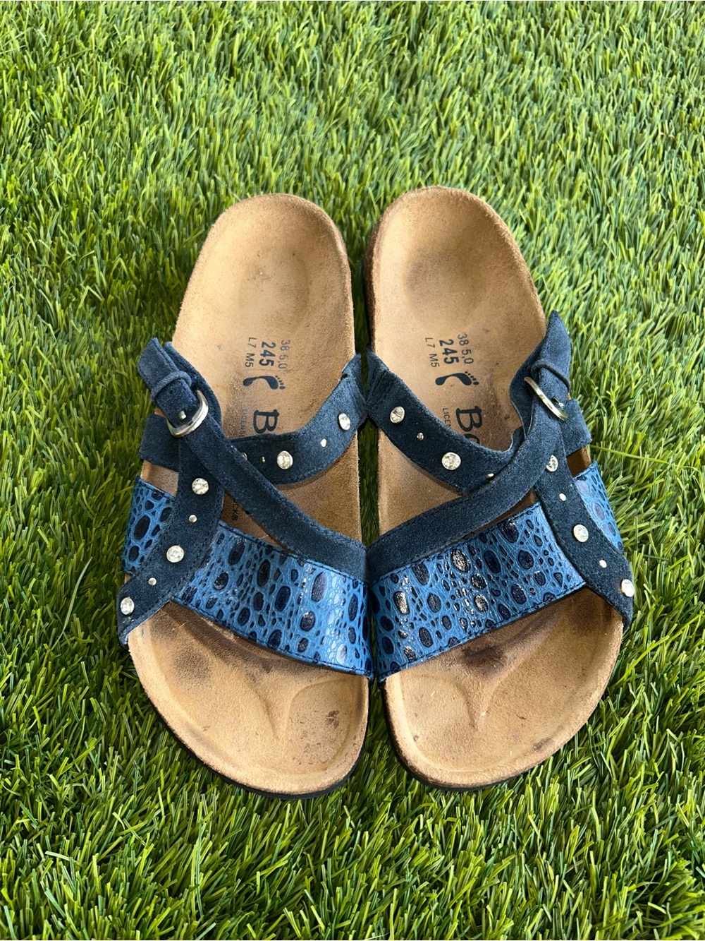 BETULA BY BirkenstockBlue Suede and Patterned woman’s Sandals with Stud Details